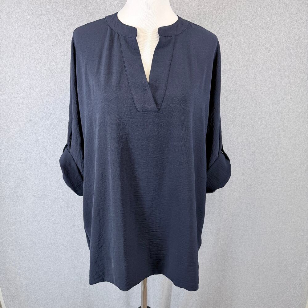 Premise Woman 1X Navy Blue Tunic Blouse Roll Tab Sleeve Split Neck Plus Size
